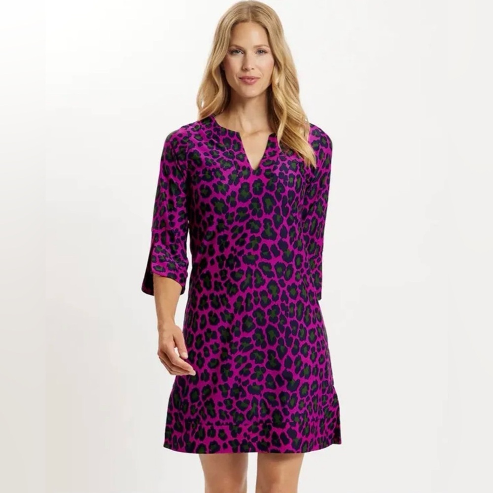 Jude Connally Pink Green Leopard Print Shift Dress Size M